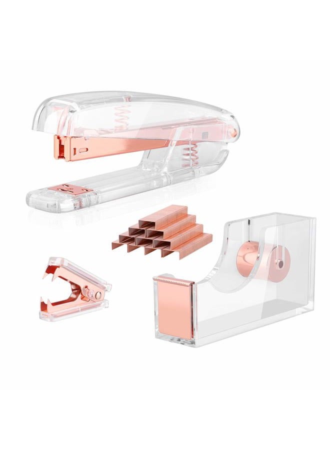 ALSISK Desk Accessory Kit,Acrylic Stapler Set, Tape Dispenser, Staple Remover with 1000pcs 26/6 Staples -Rose Gold - Image 1