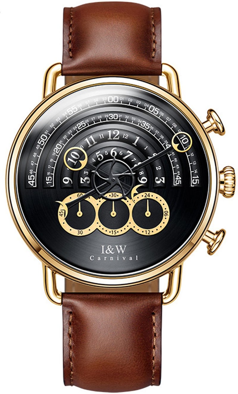 Carnival Luxury Men's Big Dial Chronograph Sapphire Glass Waterproof Quartz Black Leather Gold Watches (Gold case & Black dial & Brown Strap) - Image 1