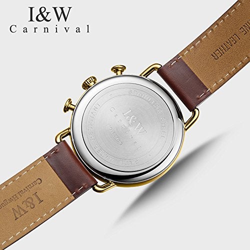 Carnival Luxury Men's Big Dial Chronograph Sapphire Glass Waterproof Quartz Black Leather Gold Watches (Gold case & Black dial & Brown Strap) - Image 4