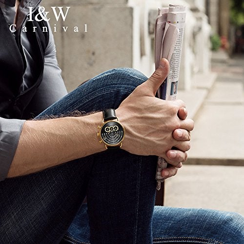 Carnival Luxury Men's Big Dial Chronograph Sapphire Glass Waterproof Quartz Black Leather Gold Watches (Gold case & Black dial & Brown Strap) - Image 5