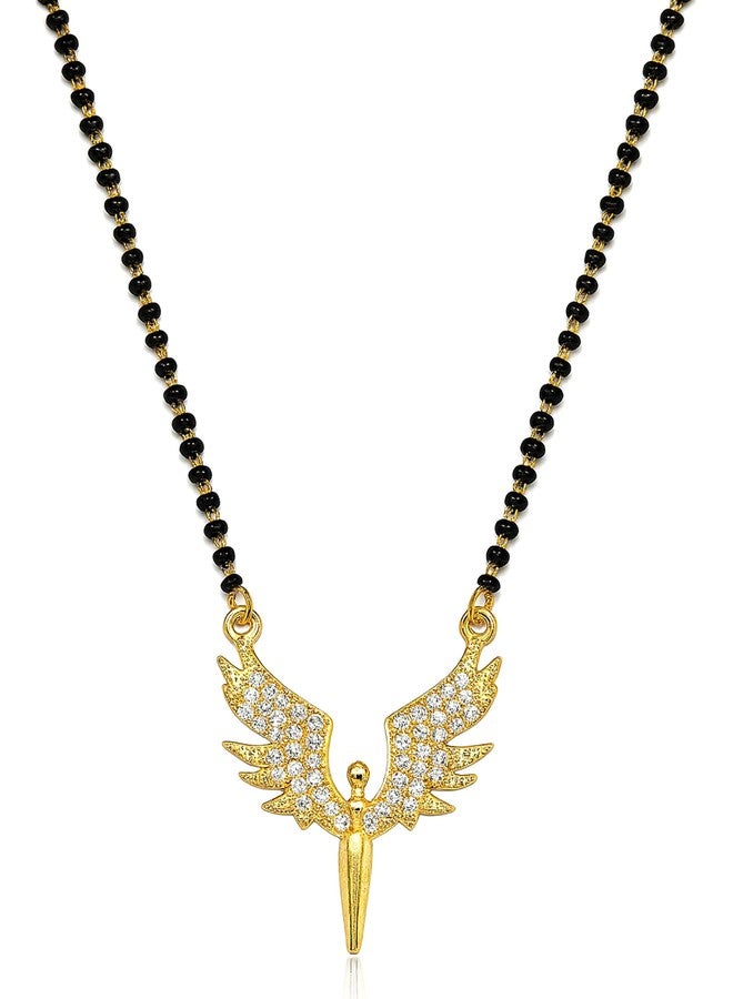SHANKHRAJ MALL Gold Plated Angel Wings Mangalsutra Pendant for Women | Black Bead Chain with Blue & Black Stone Work (CN4) - Image 1
