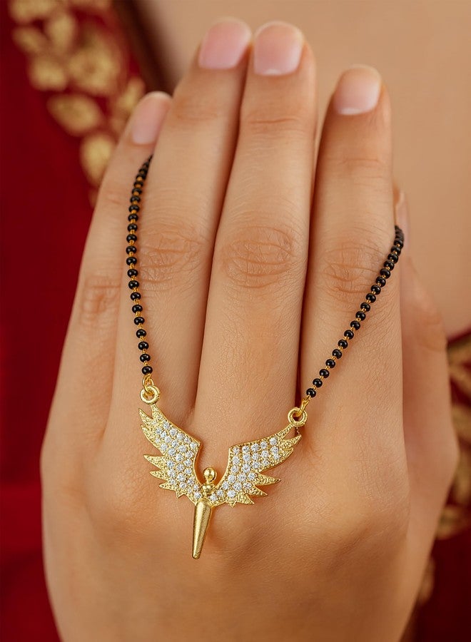 SHANKHRAJ MALL Gold Plated Angel Wings Mangalsutra Pendant for Women | Black Bead Chain with Blue & Black Stone Work (CN4) - Image 3