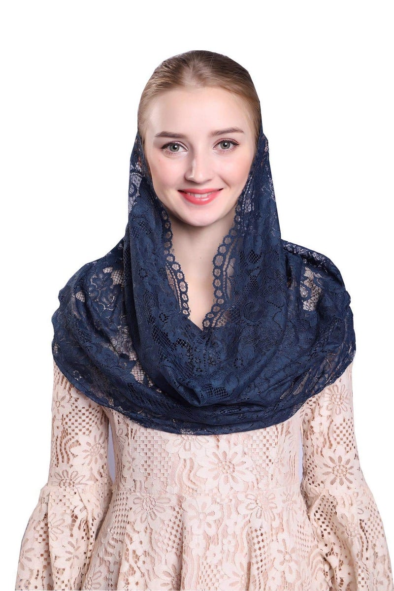 Grettytling Soft and Comfortable Mantilla Veils Spanish Style Lace Infinity Veil Mantilla Latin (Dark Blue) - Image 1