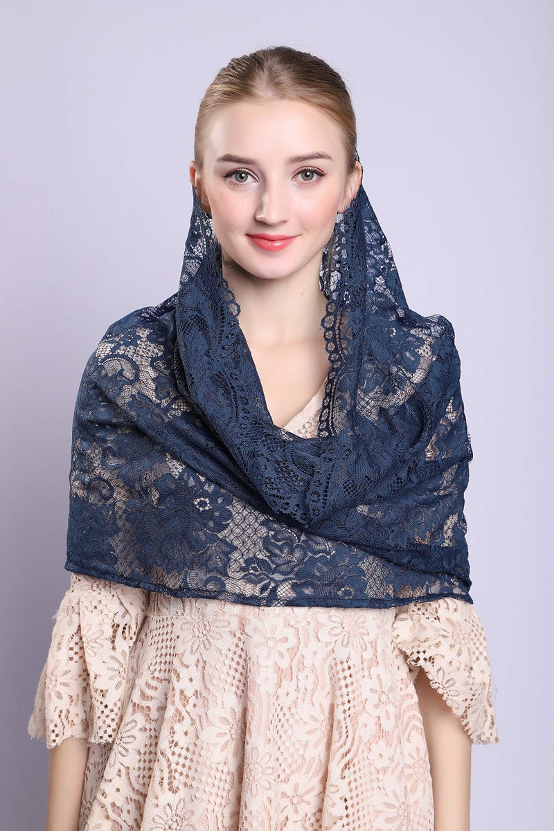 Grettytling Soft and Comfortable Mantilla Veils Spanish Style Lace Infinity Veil Mantilla Latin (Dark Blue) - Image 4