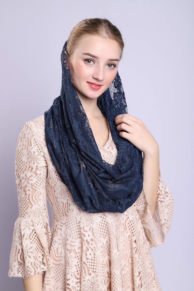 Grettytling Soft and Comfortable Mantilla Veils Spanish Style Lace Infinity Veil Mantilla Latin (Dark Blue) - Image 5