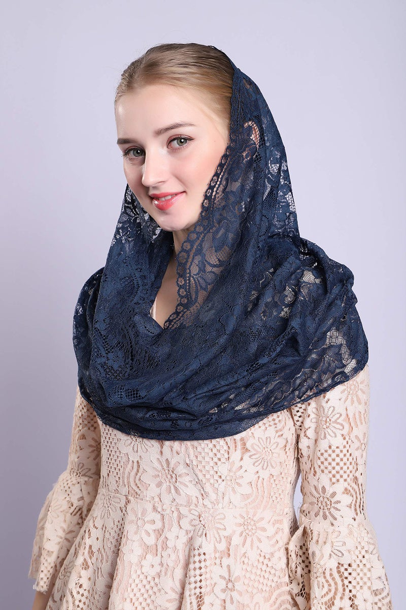 Grettytling Soft and Comfortable Mantilla Veils Spanish Style Lace Infinity Veil Mantilla Latin (Dark Blue) - Image 2