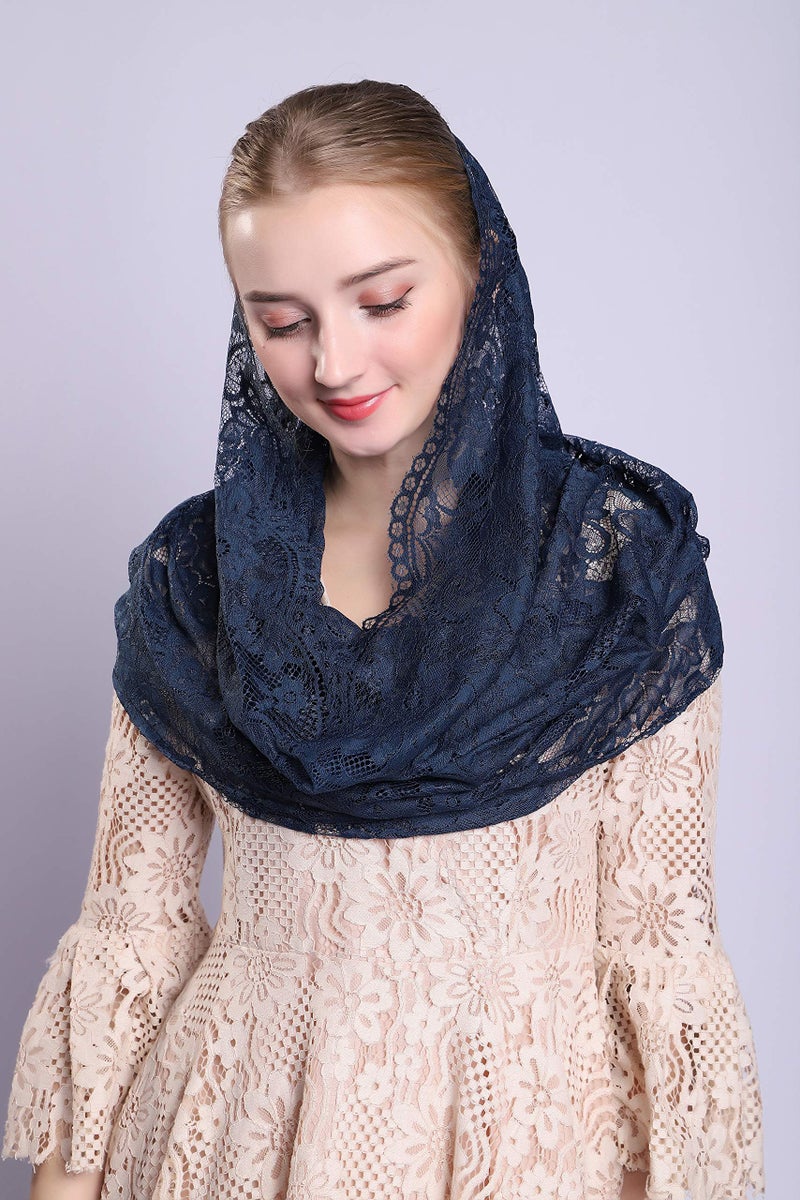 Grettytling Soft and Comfortable Mantilla Veils Spanish Style Lace Infinity Veil Mantilla Latin (Dark Blue) - Image 3