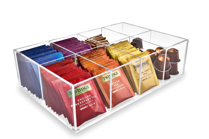 Meicloud Acrylic Tea Bag Organizer - Clear Tea Storage Box, K Cup Coffee Pods Holder with 8 Compartments, Tea Station Organizer for Countertop, Modern Tea Display Stand - Image 1