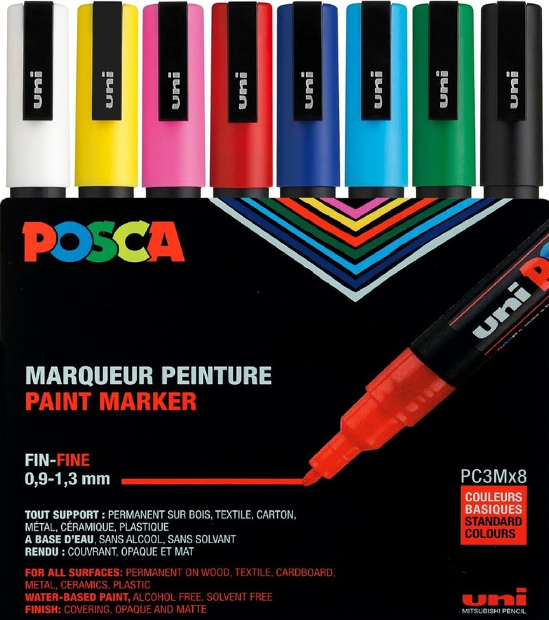 Posca Full Set of 8 Acrylic Paint Markers With Reversible Fine Point Tips for Rock Painting, Fabric, Glass, Metal, and Graffiti - Image 1
