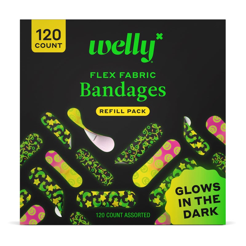Welly Bandage Glow-in-The-Dark Refill Pack | Adhesive Flexible Fabric Bandages | Assorted Shapes and Patterns for Minor Cuts, Scrapes, and Wounds - 120 Count - Image 1