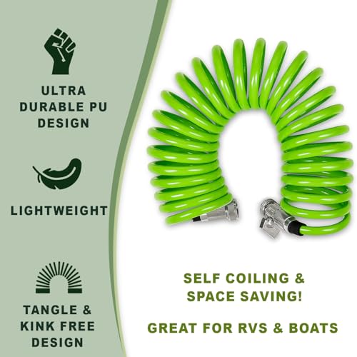Morvat 25 FT Flexible Coil Garden Hose with ON/OFF Valve, Expandable Spiral Spring Recoil Water Hose with Nickel Plated Brass Fittings, for Boats Yard & RV, Includes 10 Way Sprayer & Teflon Tape - Image 5