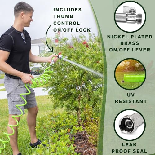 Morvat 25 FT Flexible Coil Garden Hose with ON/OFF Valve, Expandable Spiral Spring Recoil Water Hose with Nickel Plated Brass Fittings, for Boats Yard & RV, Includes 10 Way Sprayer & Teflon Tape - Image 2