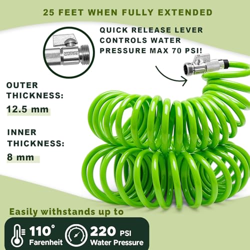 Morvat 25 FT Flexible Coil Garden Hose with ON/OFF Valve, Expandable Spiral Spring Recoil Water Hose with Nickel Plated Brass Fittings, for Boats Yard & RV, Includes 10 Way Sprayer & Teflon Tape - Image 3