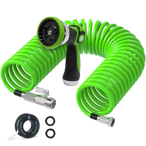 Morvat 25 FT Flexible Coil Garden Hose with ON/OFF Valve, Expandable Spiral Spring Recoil Water Hose with Nickel Plated Brass Fittings, for Boats Yard & RV, Includes 10 Way Sprayer & Teflon Tape - Image 1