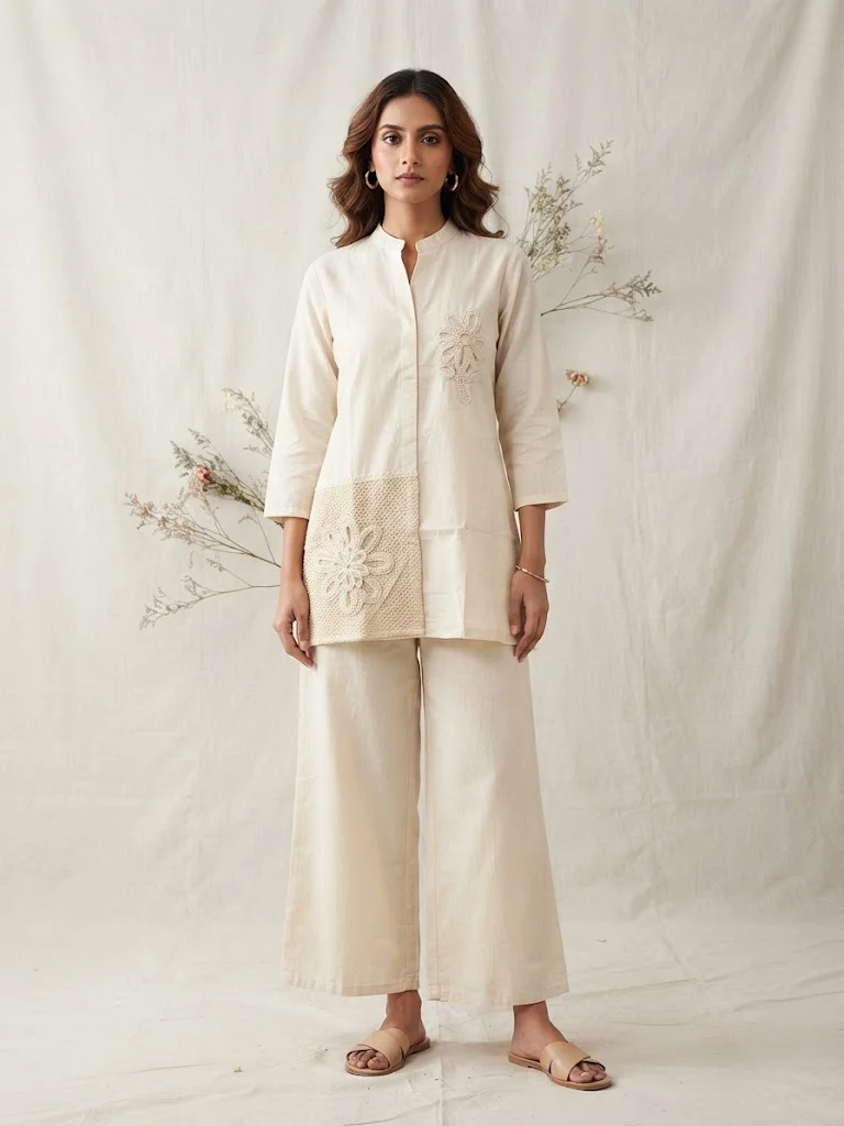 VINY Beige Embroidered Mandarin Collar Kurta & Pant Set – Women's Indian Ethnic Wear