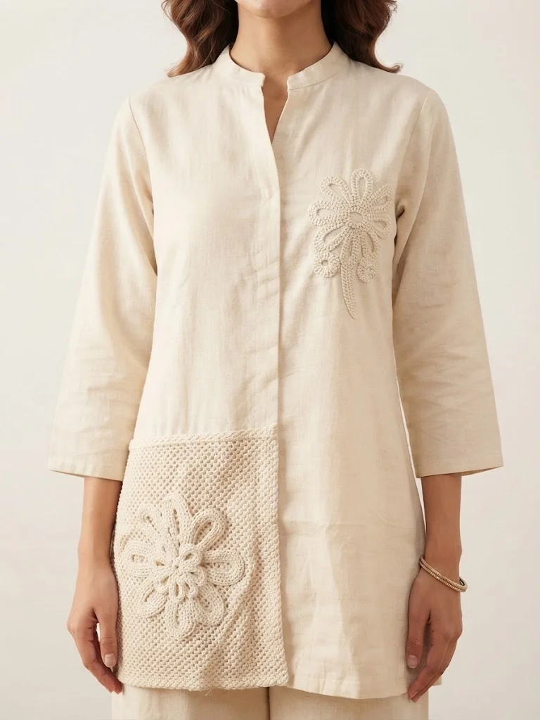 Viny VINY Beige Embroidered Mandarin Collar Kurta & Pant Set – Women's Indian Ethnic Wear
