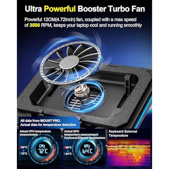 rayihni GAMING LAPTOP COOLING PAD, RGB LAPTOP COOLER STAND WITH POWERFUL TURBOFAN (3500 RPM), HEIGHT ADJUSTABLE LAPTOP FAN COOLING PAD FOR 13-19 INCHES NOTEBOOK, WITH SEALED FOAM, TOUCH CONTROL - Image 2