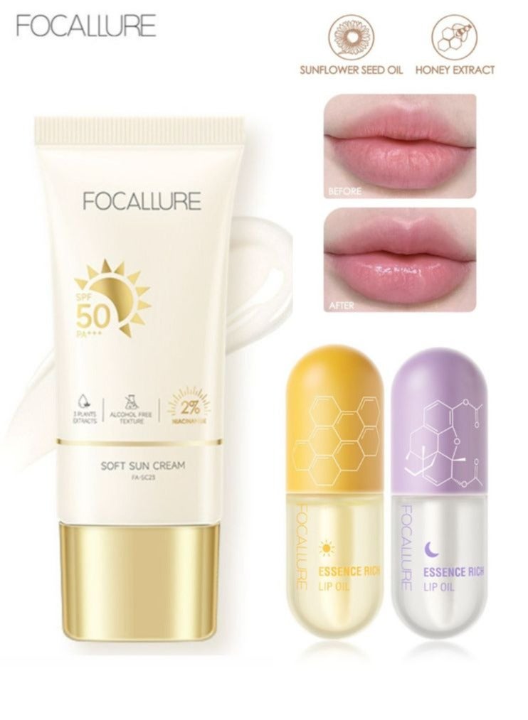 FOCALLURE Pure Natural Lip Oil Soften Moisturized Repaired Lip Care Oil Waterproof Lip Plumper Set + Soft Sun Cream Intensive Non Sticky Sunscreen Defense Sunscreen Gel SPF 50 PA+++ - Image 1