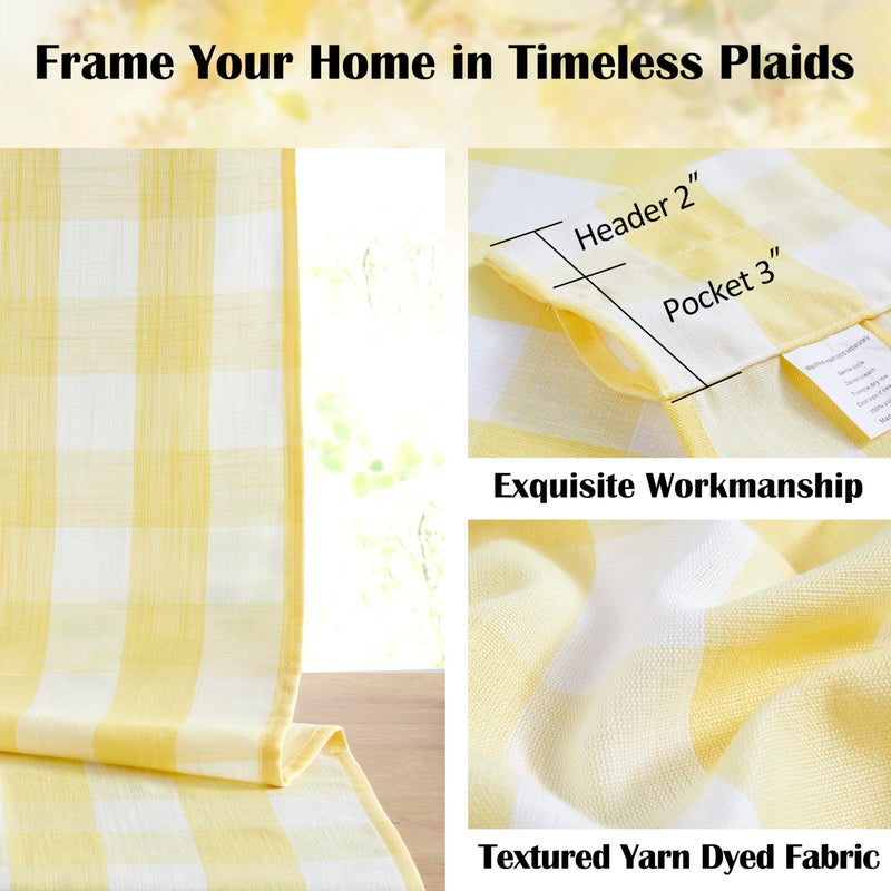 Bapawfish Yellow White Buffalo Check Semi Sheer Curtains,84 Inches Long Cottage Drapes for Bedroom Living Room,Rustic Checkered Window Treatment,Rod Pocket,Yellow/White,40" Wx84 L(Pack of 2) - Image 2