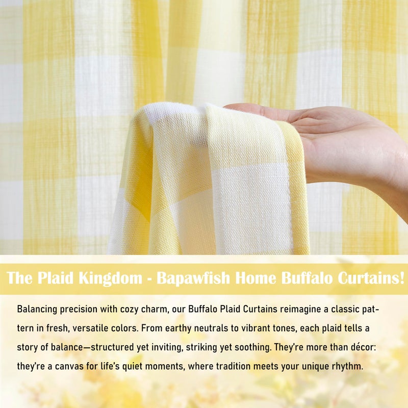 Bapawfish Yellow White Buffalo Check Semi Sheer Curtains,84 Inches Long Cottage Drapes for Bedroom Living Room,Rustic Checkered Window Treatment,Rod Pocket,Yellow/White,40" Wx84 L(Pack of 2) - Image 3
