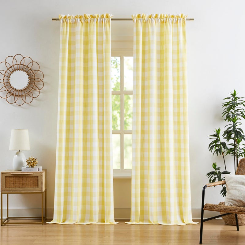 Bapawfish Yellow White Buffalo Check Semi Sheer Curtains,84 Inches Long Cottage Drapes for Bedroom Living Room,Rustic Checkered Window Treatment,Rod Pocket,Yellow/White,40" Wx84 L(Pack of 2) - Image 1
