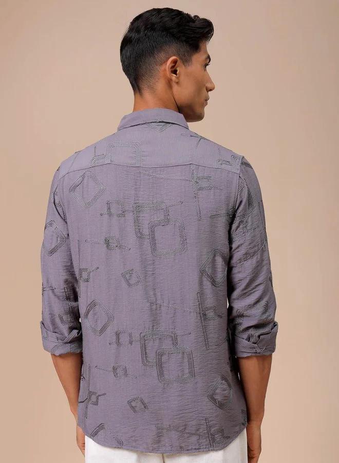 The Indian Garage Co Men Regular Fit Placement Embroidered Full Sleeves Cutaway Collar Resort Wear Shirt