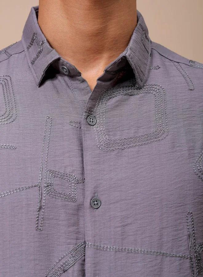 The Indian Garage Co Men Regular Fit Placement Embroidered Full Sleeves Cutaway Collar Resort Wear Shirt