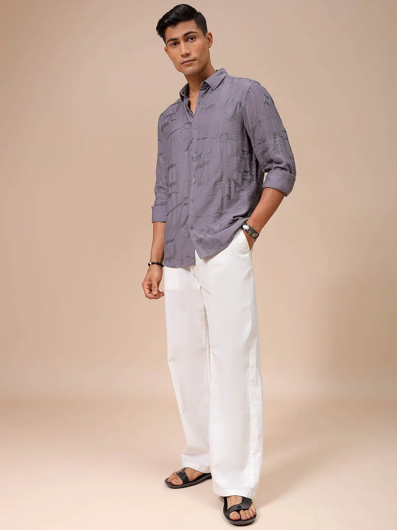 The Indian Garage Co Men Regular Fit Placement Embroidered Full Sleeves Cutaway Collar Resort Wear Shirt