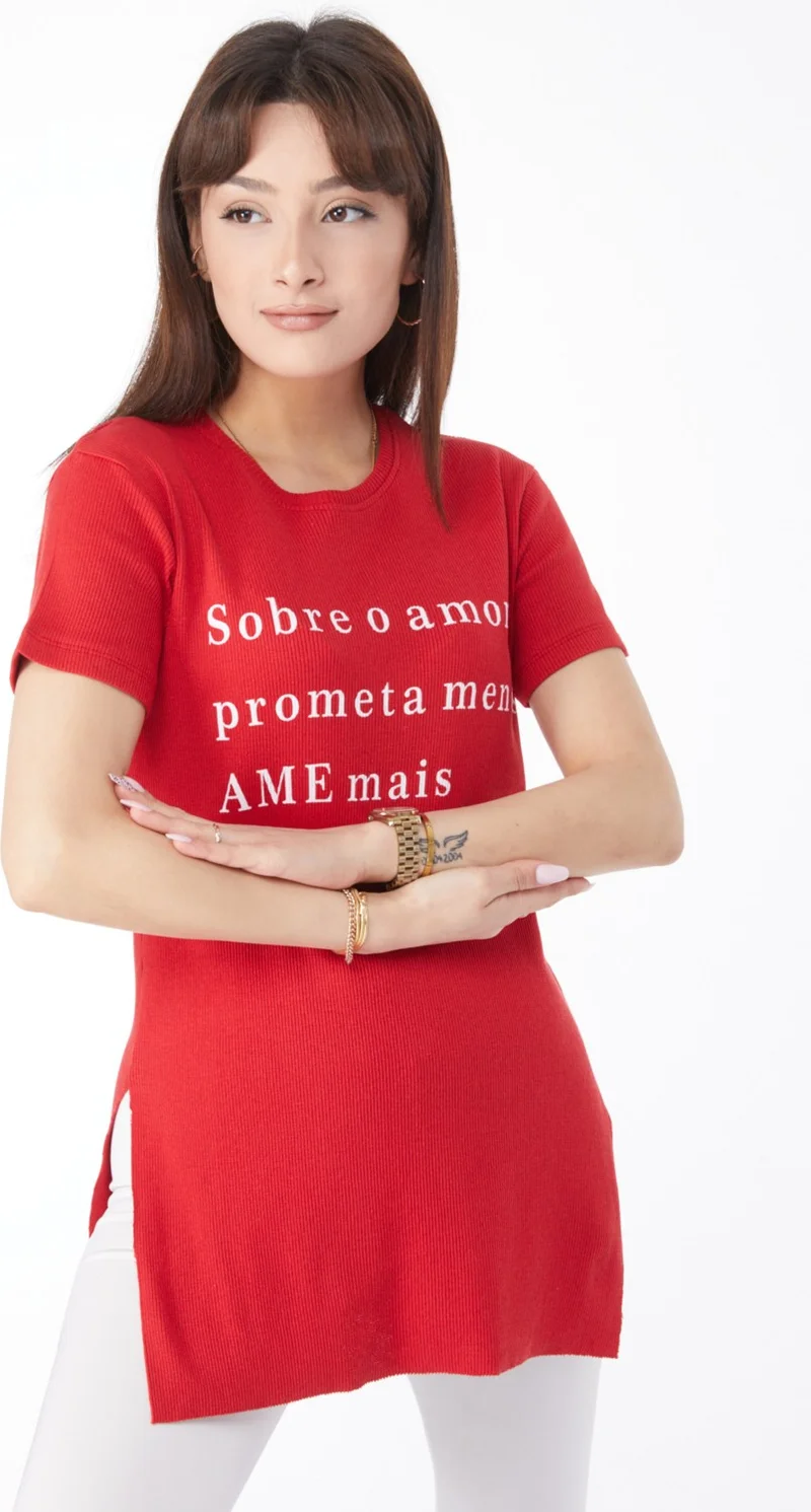 Tofisa Plain Crew Neck Women's Red Printed Slit T-Shirt - 24792