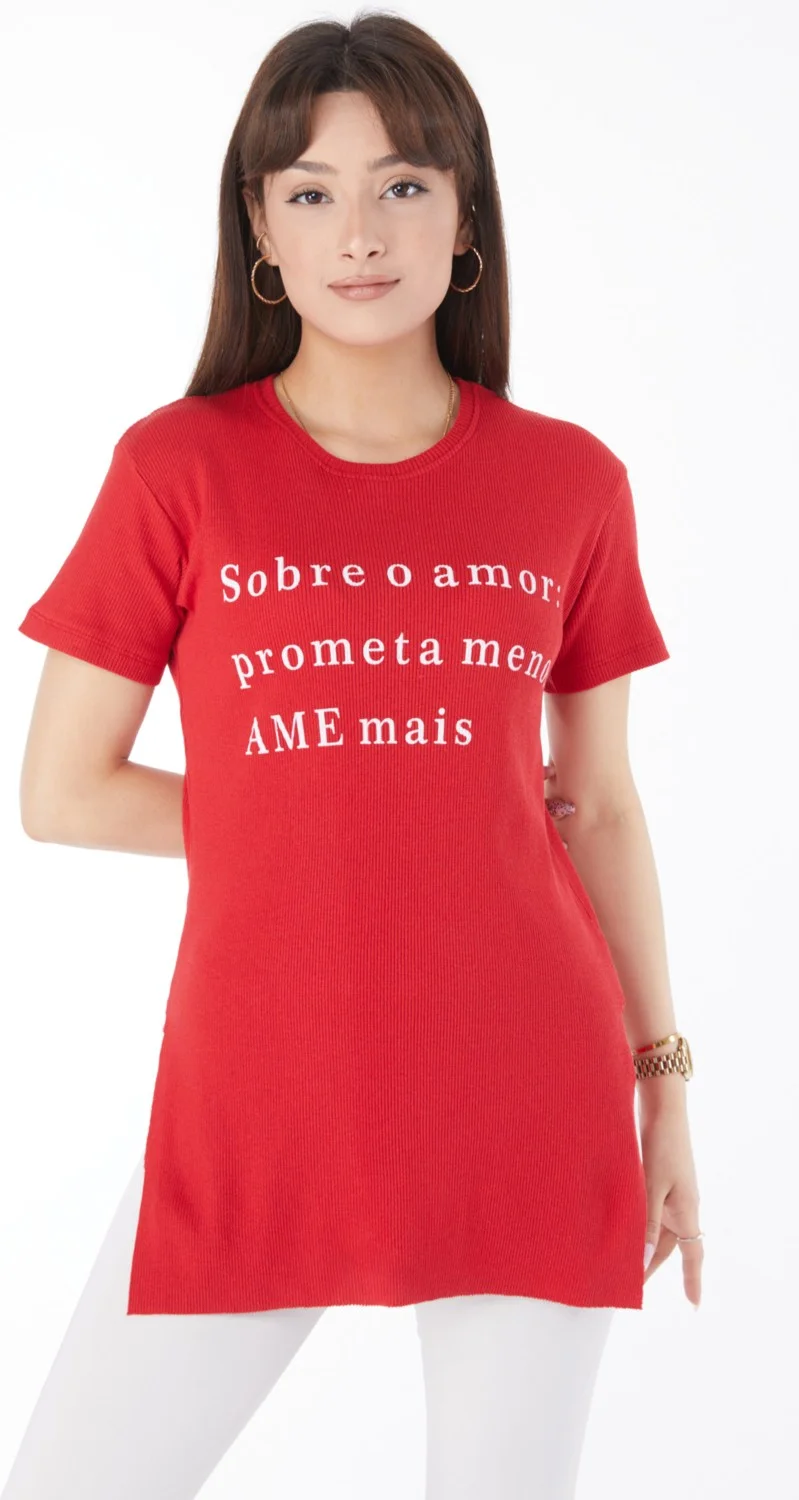 Tofisa Plain Crew Neck Women's Red Printed Slit T-Shirt - 24792