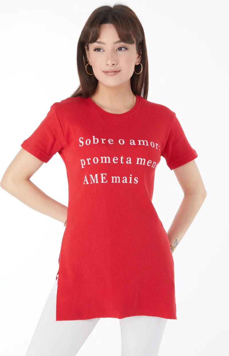 Tofisa Plain Crew Neck Women's Red Printed Slit T-Shirt - 24792