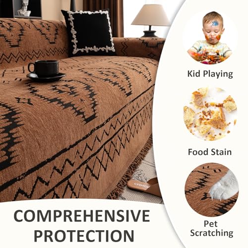 VC Life VClife Bohemian Sofa Covers Chenille Couch Cover for Sectional Couch, Soft Non Slip Couch Covers for 2 Cushion Sofa Breathable Sofa Furniture Protector Slip Cover for Couch, Pumpkin, 71"X118" - Image 3