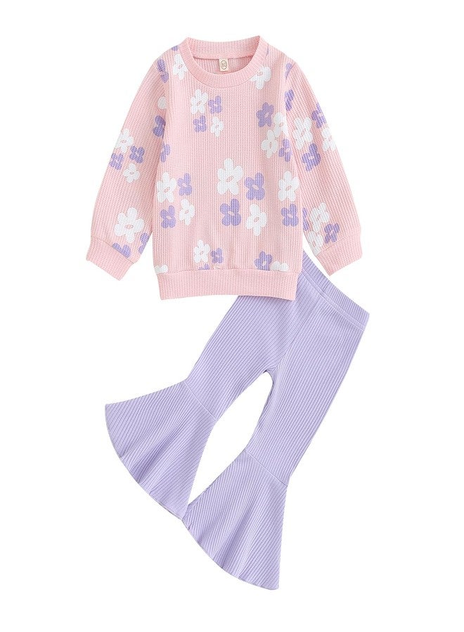 SAYOO Baby Girl Fall Winter Clothes Floral Bow Knit Crewneck Sweatshirts Top Flare Pants Set Toddler Bell-Bottoms Outfits (A Pink, 3-4T) - Image 1