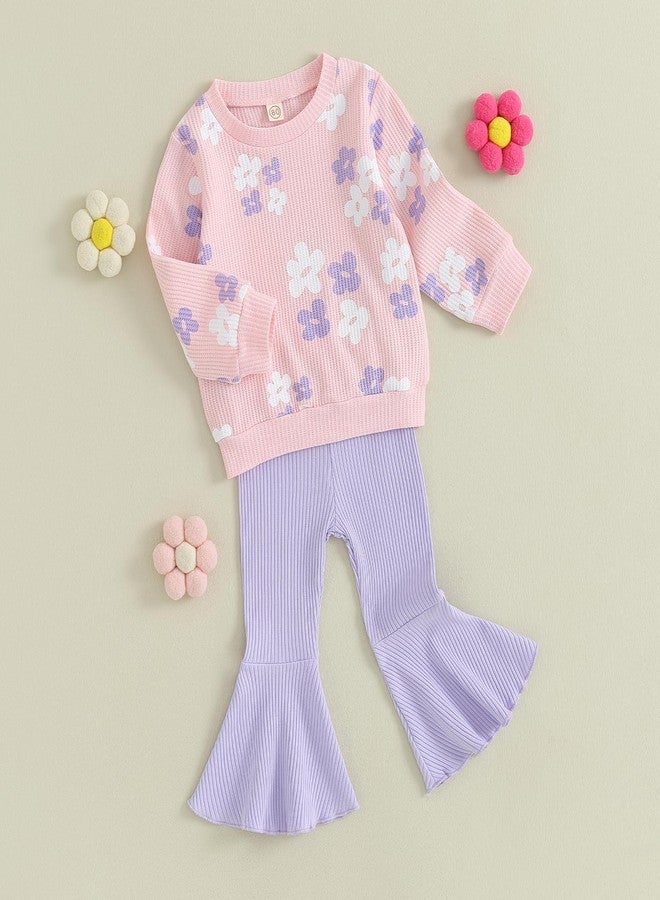 SAYOO Baby Girl Fall Winter Clothes Floral Bow Knit Crewneck Sweatshirts Top Flare Pants Set Toddler Bell-Bottoms Outfits (A Pink, 3-4T) - Image 2