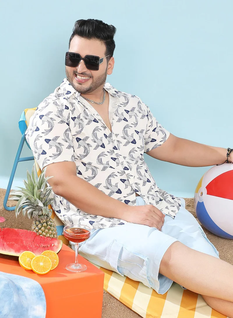 Instafab Plus Instafab Plus Men's White Fish Print Button Up Plus-Size Fit Shirt For Casual Wear | Heavy Rayon Spread Collar Shirt Crafted With Regular Sleeve & Comfort Fit For Everyday Wear