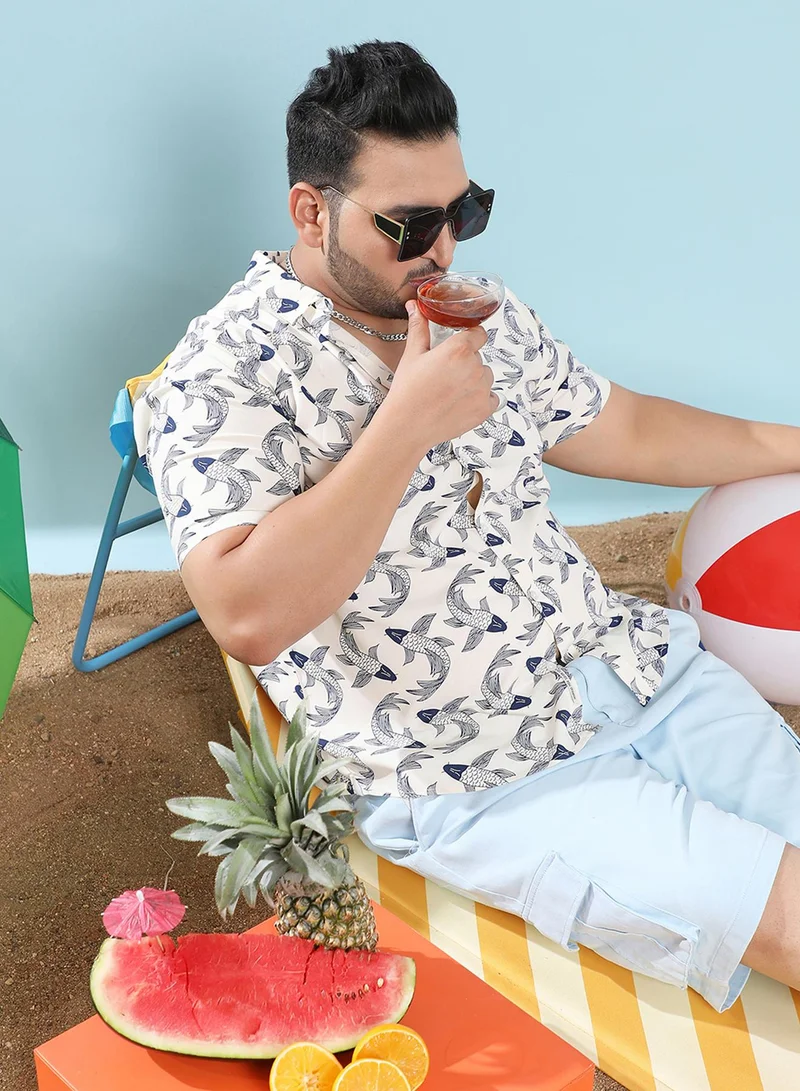 Instafab Plus Instafab Plus Men's White Fish Print Button Up Plus-Size Fit Shirt For Casual Wear | Heavy Rayon Spread Collar Shirt Crafted With Regular Sleeve & Comfort Fit For Everyday Wear