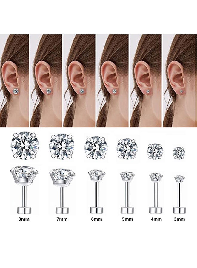 6Pairs 20G Hypoallergenic Brithstone Stud Earrings for Women Men Flatback Earrings Stainless Steel 3mm-8mm Cubic Zirconia Earrings Piercing Ear Cartilage Silver - Image 3