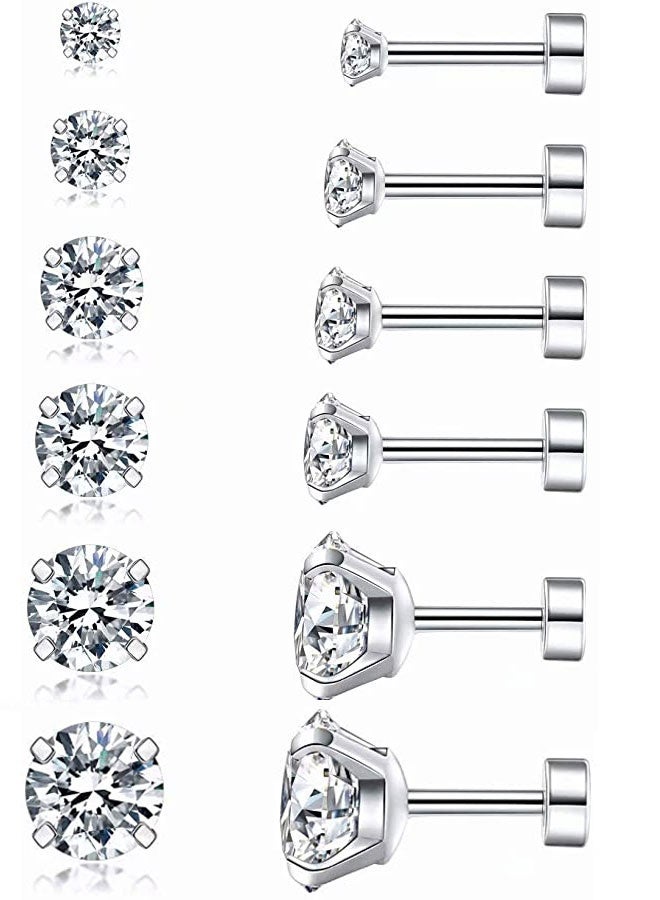 6Pairs 20G Hypoallergenic Brithstone Stud Earrings for Women Men Flatback Earrings Stainless Steel 3mm-8mm Cubic Zirconia Earrings Piercing Ear Cartilage Silver - Image 1