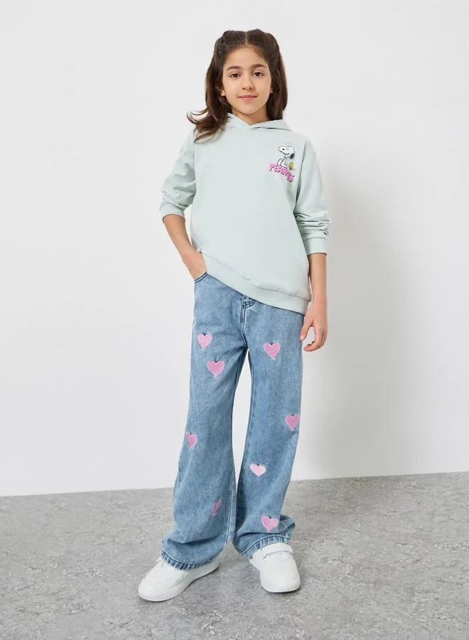 Styli Girls Heart Embroidered Wide Leg Jeans