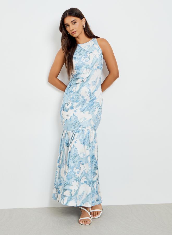 Styli Blue Floral Sleeveless Mermaid Hem Maxi Dress - Image 3