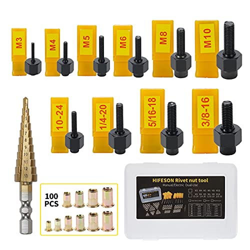 HIFESON أداة ربط الأزرار HIFESON، أداة ربط الأزرار اليدوية، أداة ربط الأزرار مع مقاييس متري و SAE، مجموعة أداة ربط الأزرار مع مثقاب خطوة و 100 زر ربط متنوعة - Image 1