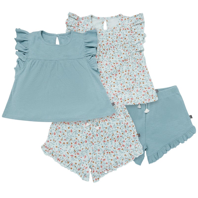 Modern Moments by Gerber Modern Moment by Gerber Baby Girls 4-piece Set (2 Flutter Sleeve Top & 2 Ruffle Wide Leg Short), Light Sky Vine Floral, 4 Years - Image 1