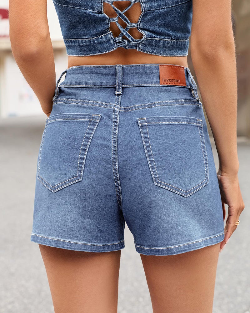 luvamia Wonens Shorts Shorts for Women with Pockets Eyelet Embroidered Concert Outfits for Women 4 Inch Inseam Denim Wide Leg Stretchy Denim Summer Jorts Bay Blue Size Large US 12 to 14 - Image 3