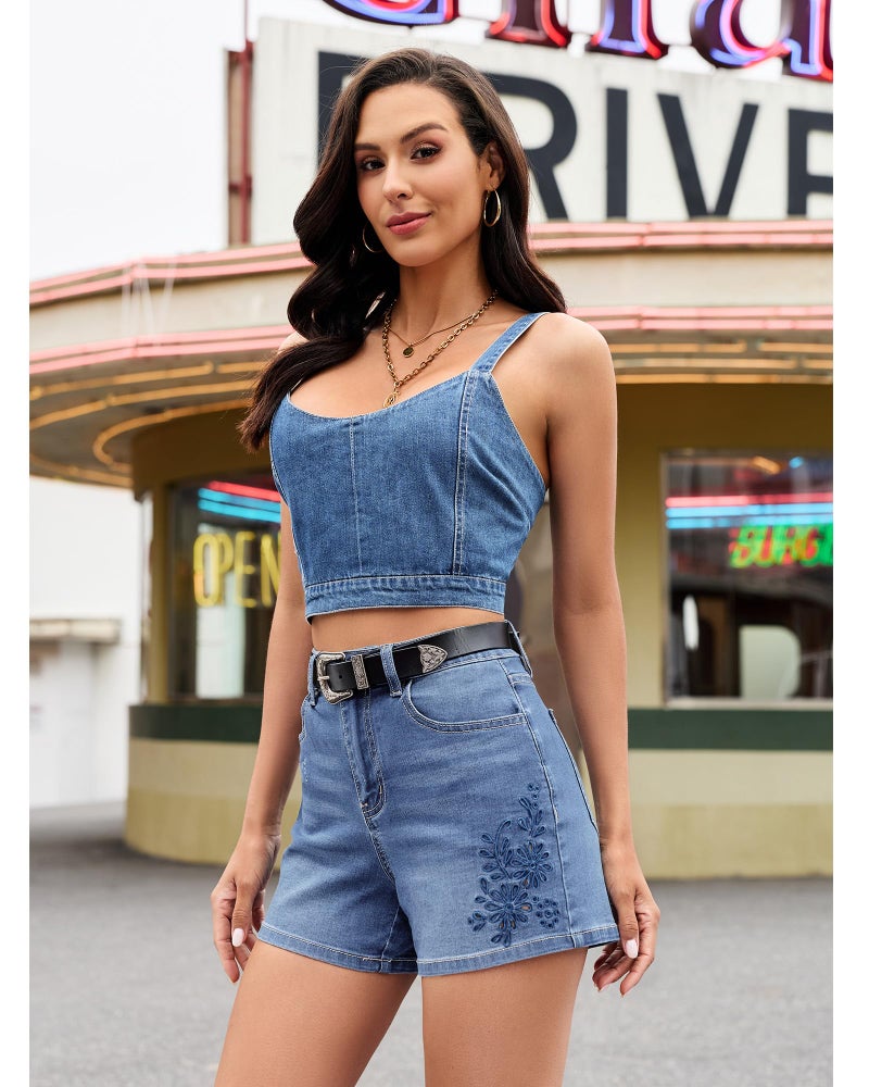 luvamia Wonens Shorts Shorts for Women with Pockets Eyelet Embroidered Concert Outfits for Women 4 Inch Inseam Denim Wide Leg Stretchy Denim Summer Jorts Bay Blue Size Large US 12 to 14 - Image 4
