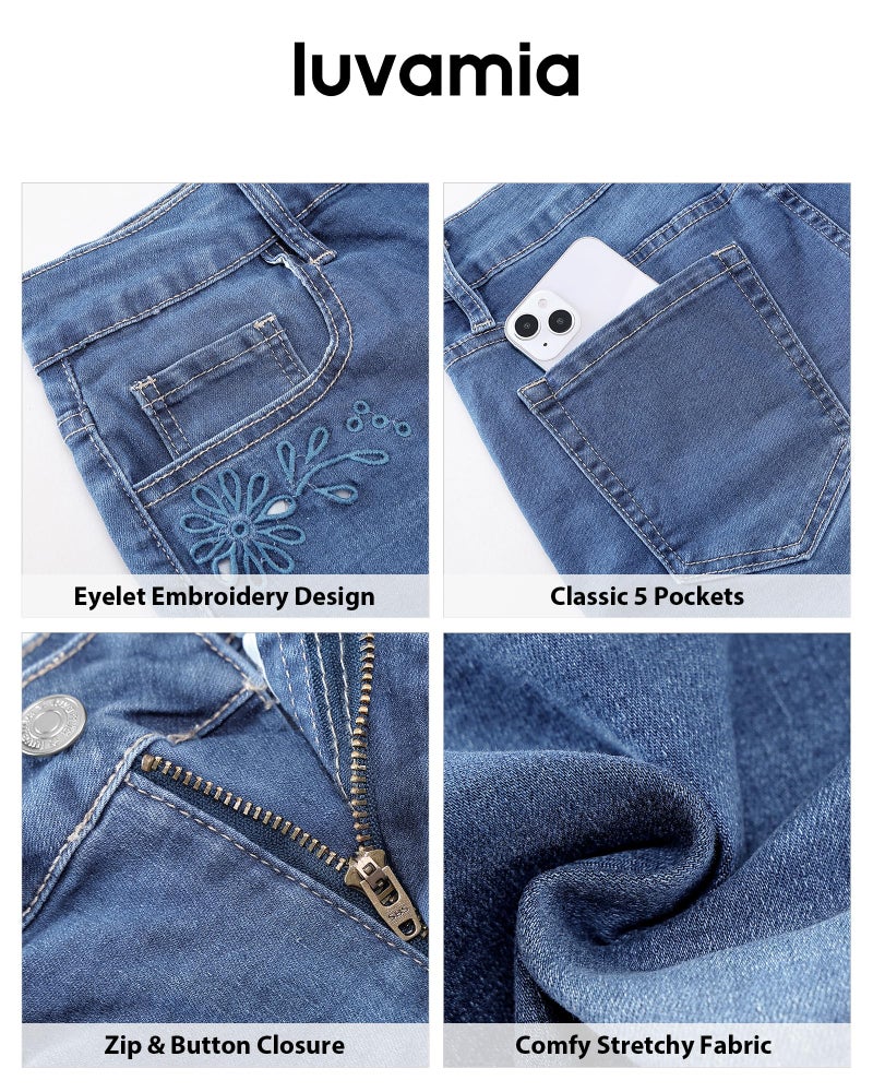 luvamia Wonens Shorts Shorts for Women with Pockets Eyelet Embroidered Concert Outfits for Women 4 Inch Inseam Denim Wide Leg Stretchy Denim Summer Jorts Bay Blue Size Large US 12 to 14 - Image 5
