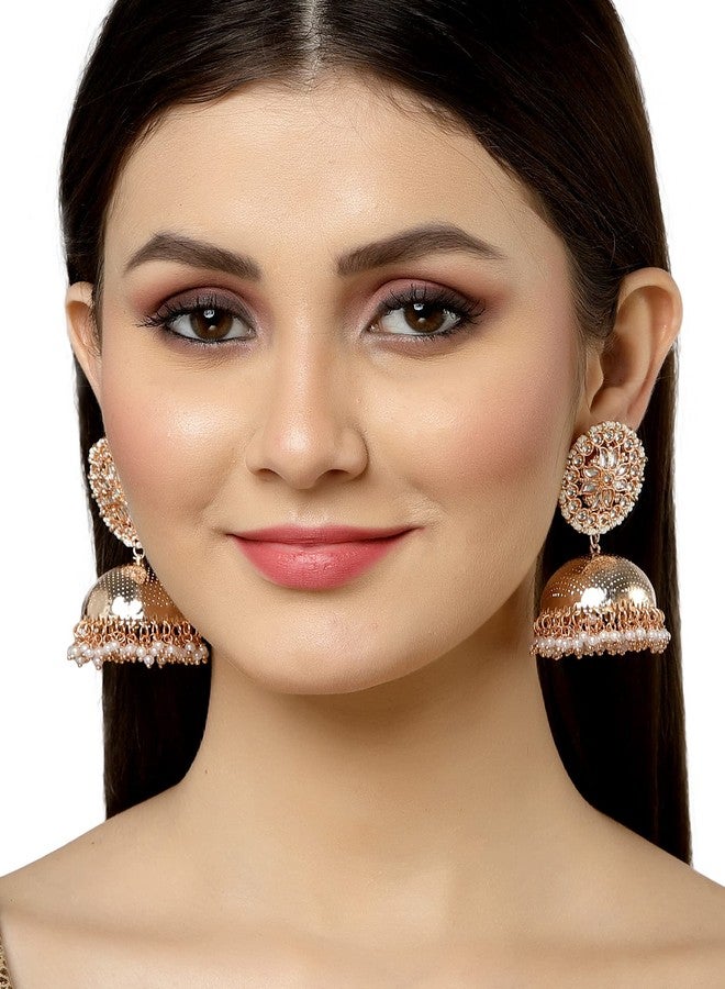Karatcart Rose Gold Plated Kundan Studded Jhumki Earrings for Women - Image 3