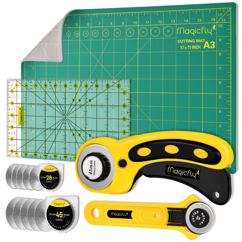 Magicfly Rotary Cutter Set 45mm and 28mm Fabric Cutters Kit with Extra 10 Blades A3 Doublesided Self Healing Cutting Mat 12x6 Inch Quilting Ruler for Sewing Fabric Cutting Art Crafting