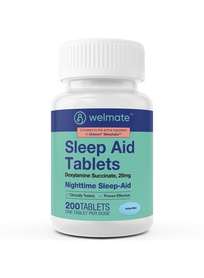 WELMATE Doxylamine Succinate 25mg | Nighttime Sleep Aid | Safe & Effective | Non-Habit Forming | Sleep Aids for Adults & Children | for Women & Men | Made in USA | 200 Tablets - Image 1
