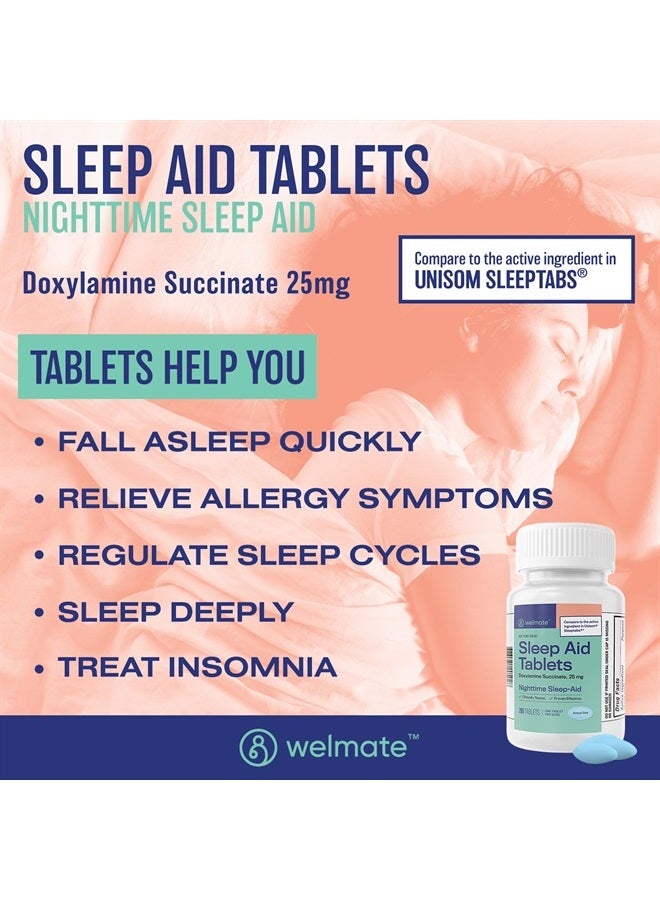 WELMATE Doxylamine Succinate 25mg | Nighttime Sleep Aid | Safe & Effective | Non-Habit Forming | Sleep Aids for Adults & Children | for Women & Men | Made in USA | 200 Tablets - Image 2