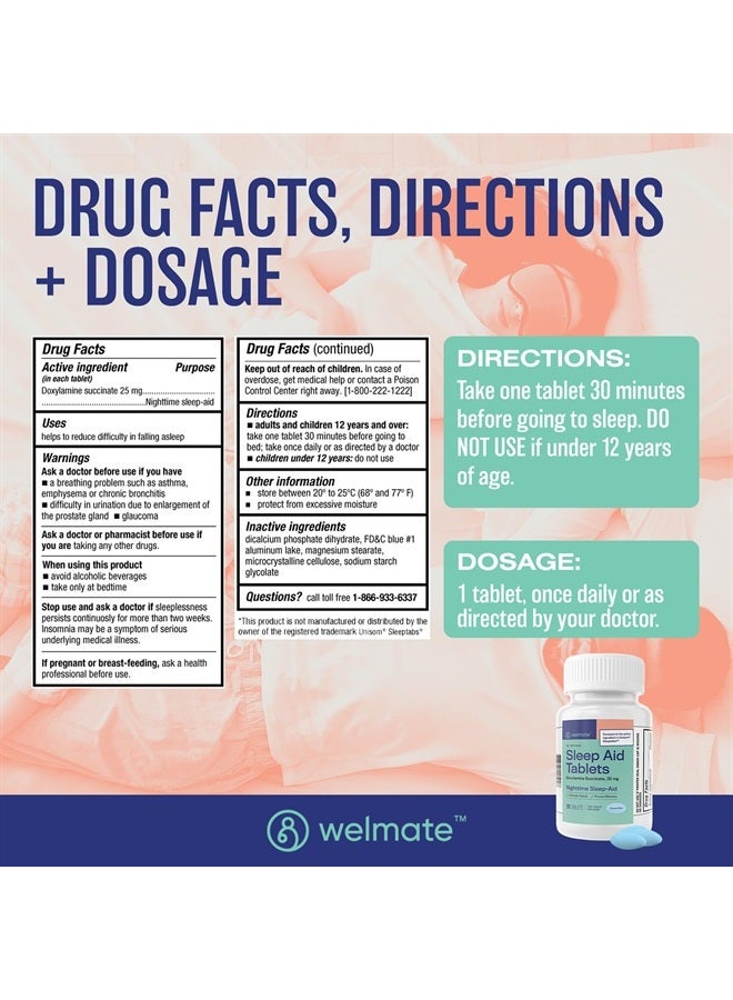 WELMATE Doxylamine Succinate 25mg | Nighttime Sleep Aid | Safe & Effective | Non-Habit Forming | Sleep Aids for Adults & Children | for Women & Men | Made in USA | 200 Tablets - Image 5